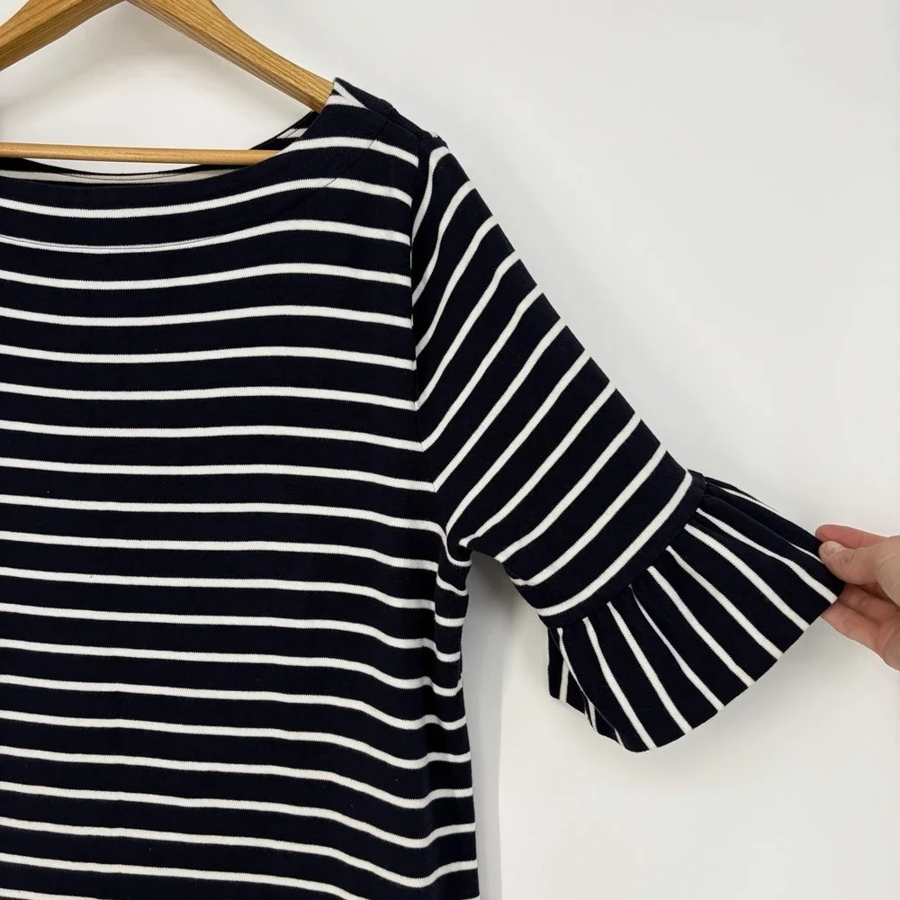 Talbots Striped Bell Sleeve Shift Dress XL Cotton Navy White Nautical Summer - Picture 8 of 10